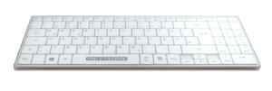 A Man & Machine white Its Cool keyboard with a transparent Its Cool Clear Drape