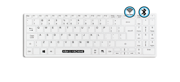 A Man & Machine washable Its Cool Flat Wireless keyboard with US International layout is seen from the top with a 2.4 GHz and a BlueTooth icon