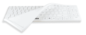 A Man & Machine hygienic white washable Its Cool Flat keyboard with a drape with US International layout is seen from the front
