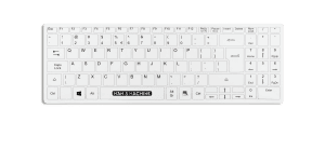 Man & Machine white Its Cool Flat keyboard with easily detachable, reusable and sterilisable fitted drape with US International layout – ideal for medical and industrial environments