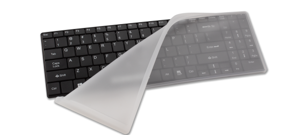 Silky soft, transparent, autoclavable drape providing hygienic protection for the black It's Cool keyboard against germs