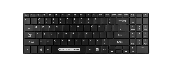 A Man & Machine hygienic black washable Its Cool keyboard with US International layout is seen from the top