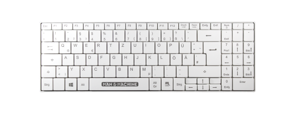 Ein hygienisches, weißes, waschbares "Its Cool"-Tastatur von Man & Machine mit deutschem Layout, kompakt und von vorne gesehen.