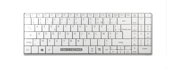 Un clavier hygiénique, blanc et lavable "Its Cool" de Man & Machine avec disposition français (Azerty), compact et vu de face.