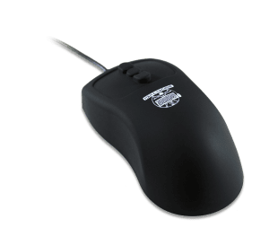 A streamlined Man & Machine black Petite Mouse with scroll buttons is seen from the top side left