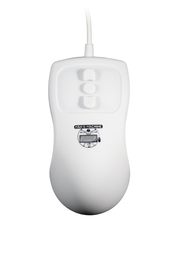 The streamlined Man & Machine hygienic white Petite Mouse with scroll buttons is fully sealed and waterproof