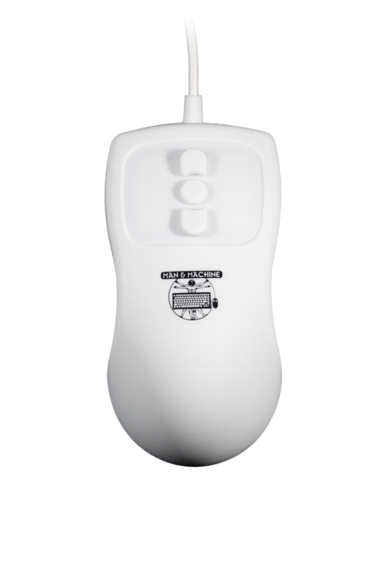 A streamlined Man & Machine hygienic white Petite Mouse with scroll buttons is seen from the top