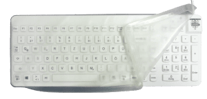 A Man & Machine hygienic white Really Cool medical keyboard with US International layout is seen with a Really Cool Protective Drape from the top
