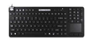 A black Man & Machine Really Cool Touch keyboard with integrated touchpad and US layout is seen from the top