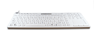 A white Man & Machine Really Cool Touch keyboard with integrated touchad and US layout is seen from the front