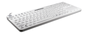 A white Man & Machine Really Cool Touch keyboard with integrated touchad and US layout is seen from the left angle