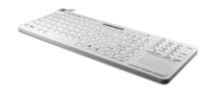 A white Man & Machine Really Cool Touch keyboard with integrated touchad and US layout is seen from the right angle