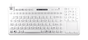 A white Man & Machine Really Cool Touch keyboard with integrated touchpad and US layout is seen from the top