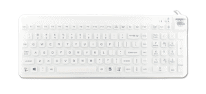 Waterproof Man & Machine white Really Cool keyboard with US layout and a transparent sterilisable fitted drape