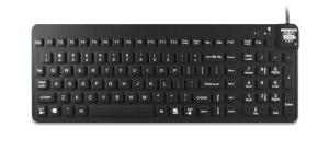 A black Man & Machine Really O'Cool oil resistant keyboard with German layout is seen from the top