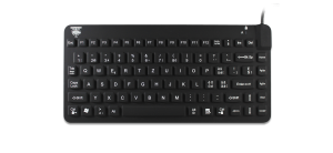 A black Man & Machine Slim Cool compact silicone keyboard with Swiss/Luxembourg layout is seen from the top