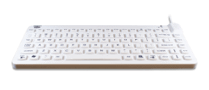 A white Man & Machine Slim Cool compact silicone keyboard with US International layout is seen from the front