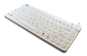 A white Man & Machine Slim Cool compact silicone keyboard with US International layout is seen from the front right
