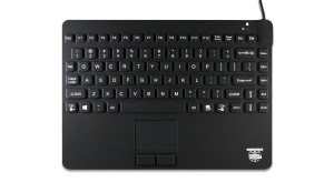 A black Man & Machine Slim Cool Plus silicone laptop style keyboard with US International key layout is seen from the top