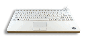 A white Man & Machine Slim Cool Plus silicone laptop style keyboard with US International layout is seen from the front