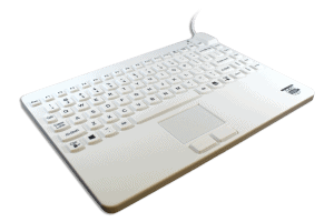 A white Man & Machine Slim Cool Plus silicone laptop style keyboard with US International key layout is seen from the front left