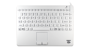 A white Man & Machine Slim Cool Plus silicone laptop style keyboard with US International key layout is seen from the top