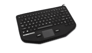 A black washable Man & Machine in-vehicle So Cool keyboard with US International layout is seen from the left angle