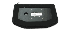 A black washable Man & Machine in-vehicle So Cool keyboard with US International layout is seen from the back with the VESA mount