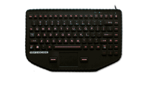 A black washable Man & Machine in-vehicle So Cool keyboard with US International layout is seen 