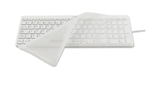 Transparent flat drape on a Y Cool keyboard with US layout, protects against dirt and microbes, cleanable in one wipe, autoclavable and UV disinfectable