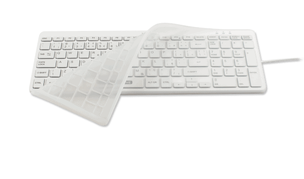 Transparent silicone drape with key profile for the US Y Cool keyboard, protected against dirt and microbes, preserving tactile feel, autoclavable and UV disinfectable