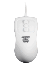 A streamlined Man & Machine hygienic white Petite Mouse with scroll buttons is seen from the top