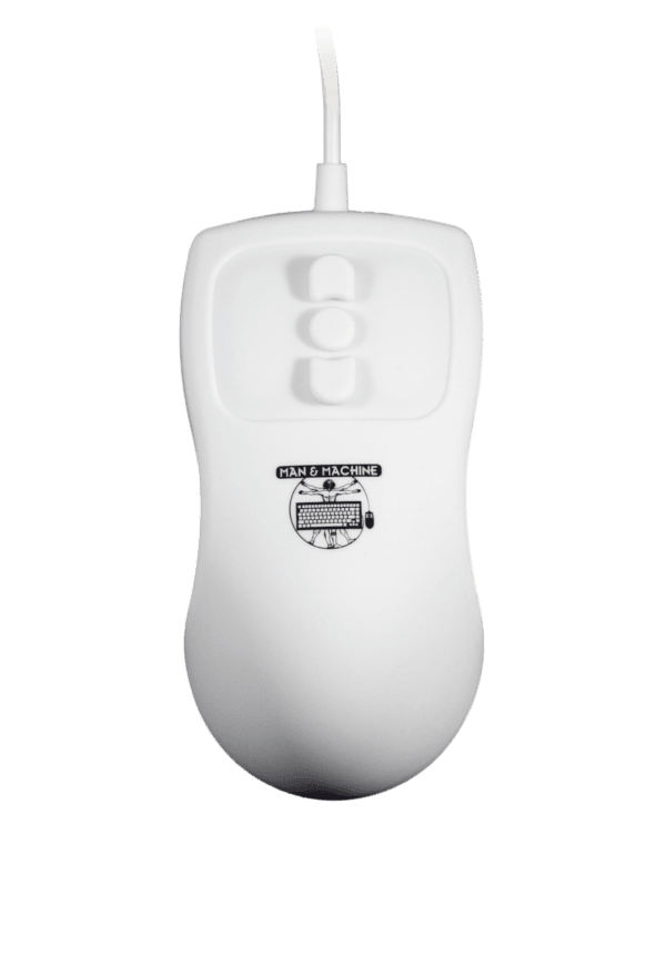 A streamlined Man & Machine hygienic white Petite Mouse with scroll buttons is seen from the top